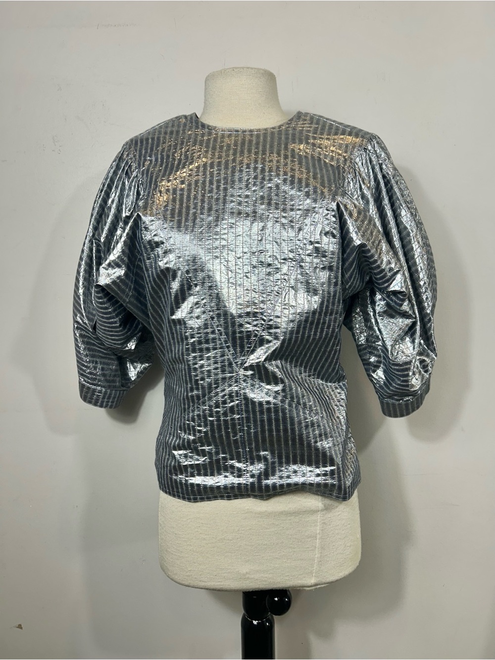Isabel Marant Rolna Metallic Striped Puff Sleeve Blouse Silver FR 38 / US 6